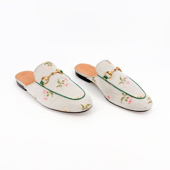 Gucci Princetown Horsebit Loafer Mule EU 39 US 9 Green Floral Embroidered Flat - Picture 1 of 12